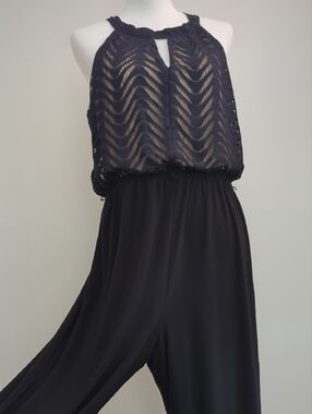 Emma & Michele Black Cocktail  Style Chevron Lace Halter Wide-Leg Jumpsuit